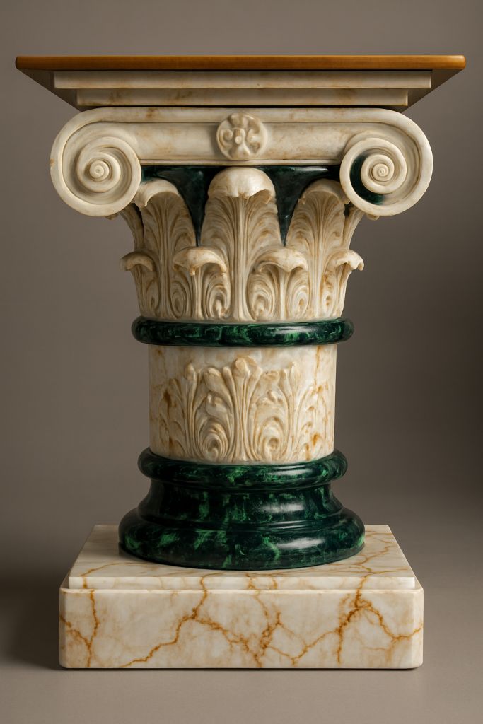 Colonne en marbre avec chapiteau ionique - Marbre blanc sculpté et marbre vert malachite