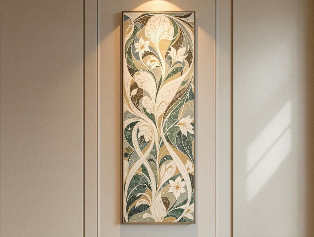 Panneau vertical élégant - Motifs floraux et volutes crème et vert