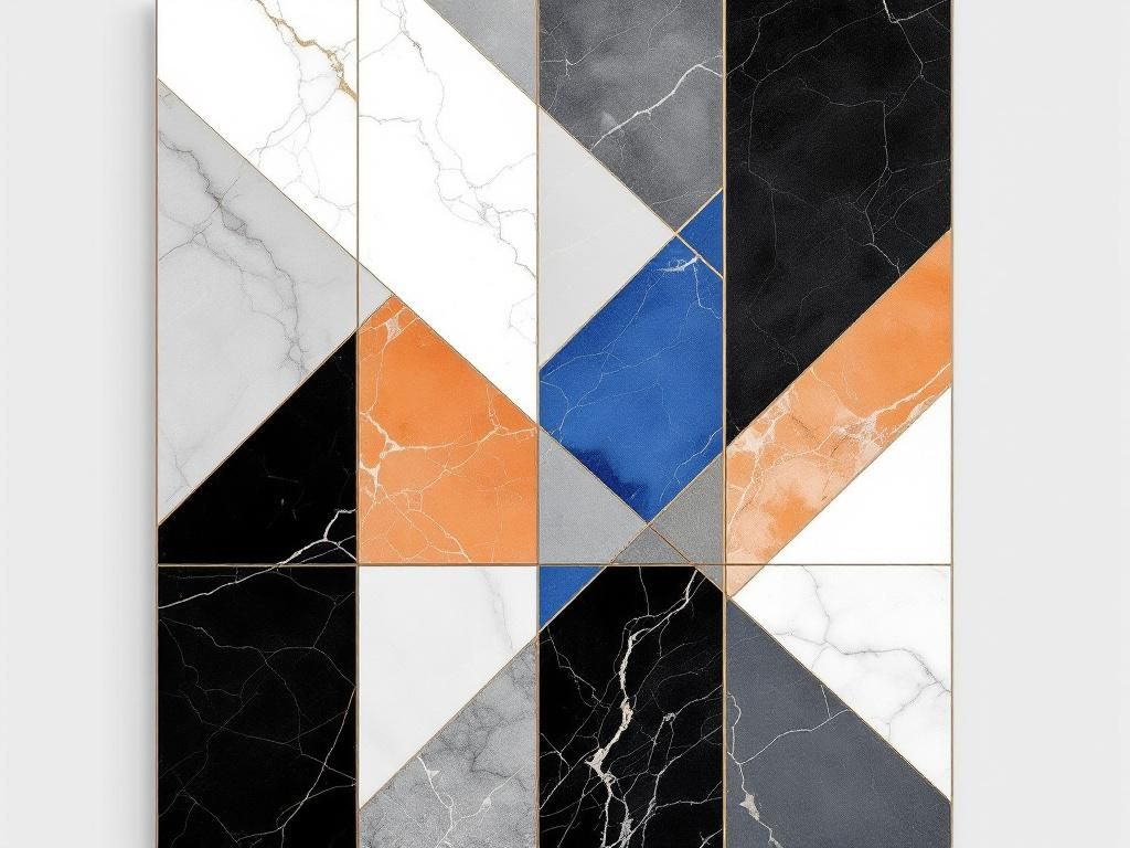 Panneau géométrique moderne - Marbre noir, blanc, bleu et orange