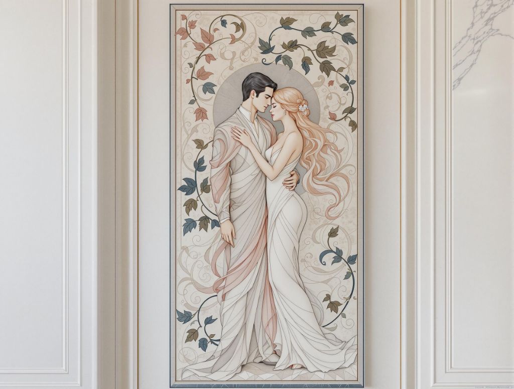 Panneau vertical romantique - Couple dans un décor floral Art Nouveau