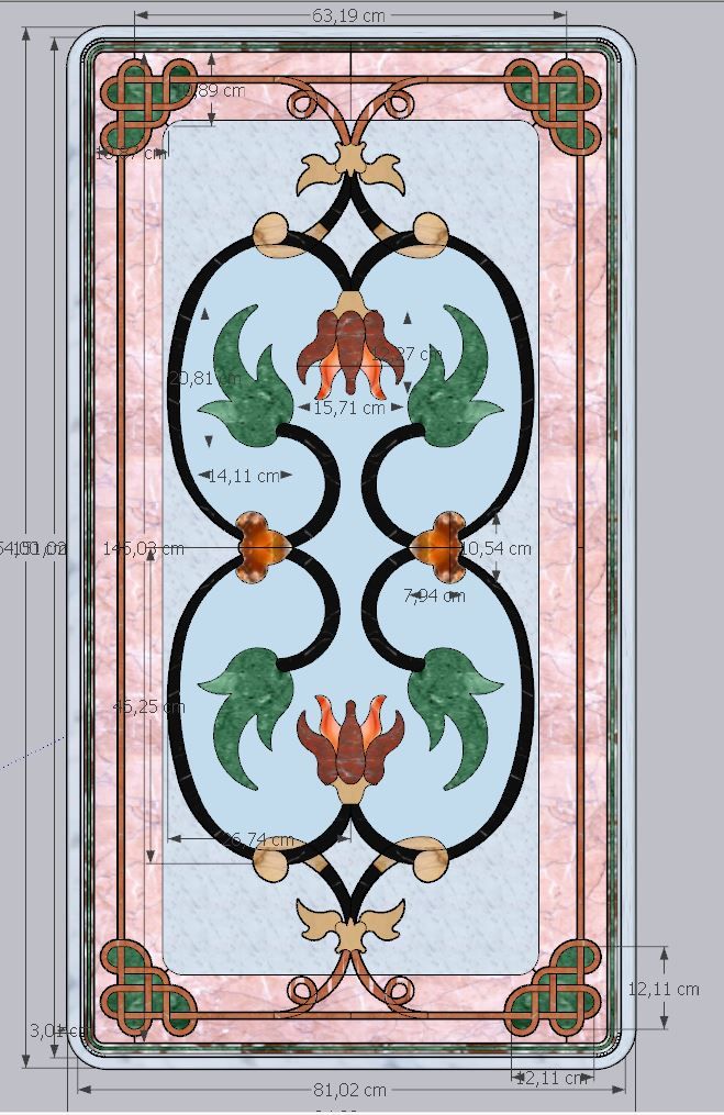 Panneau vertical en marqueterie de marbre - Design technique détaillé