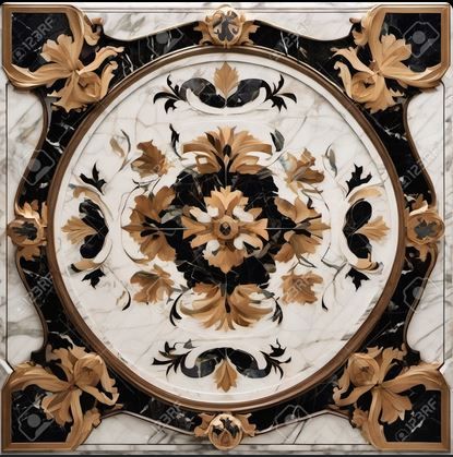 Table ronde en marqueterie de marbre - Motifs floraux dorés et noirs