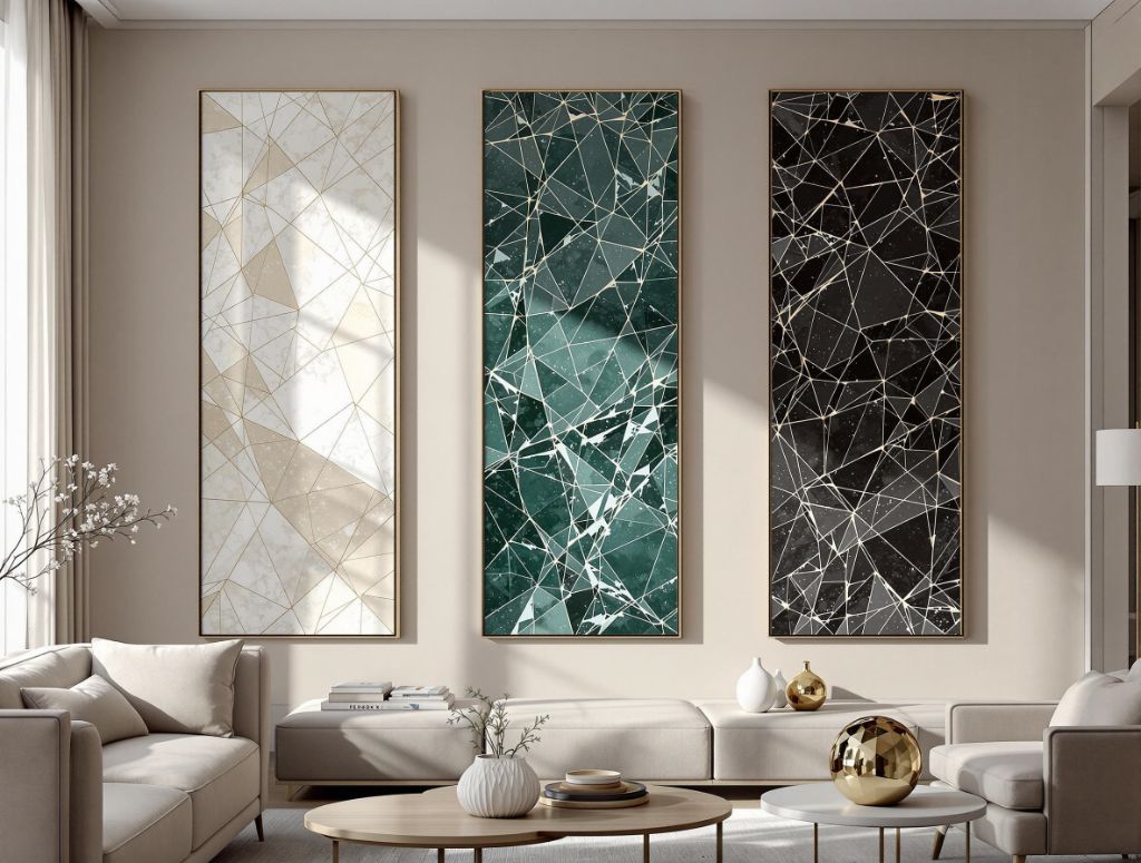 Triptyque de panneaux verticaux - Motifs géométriques dorés, verts et noirs